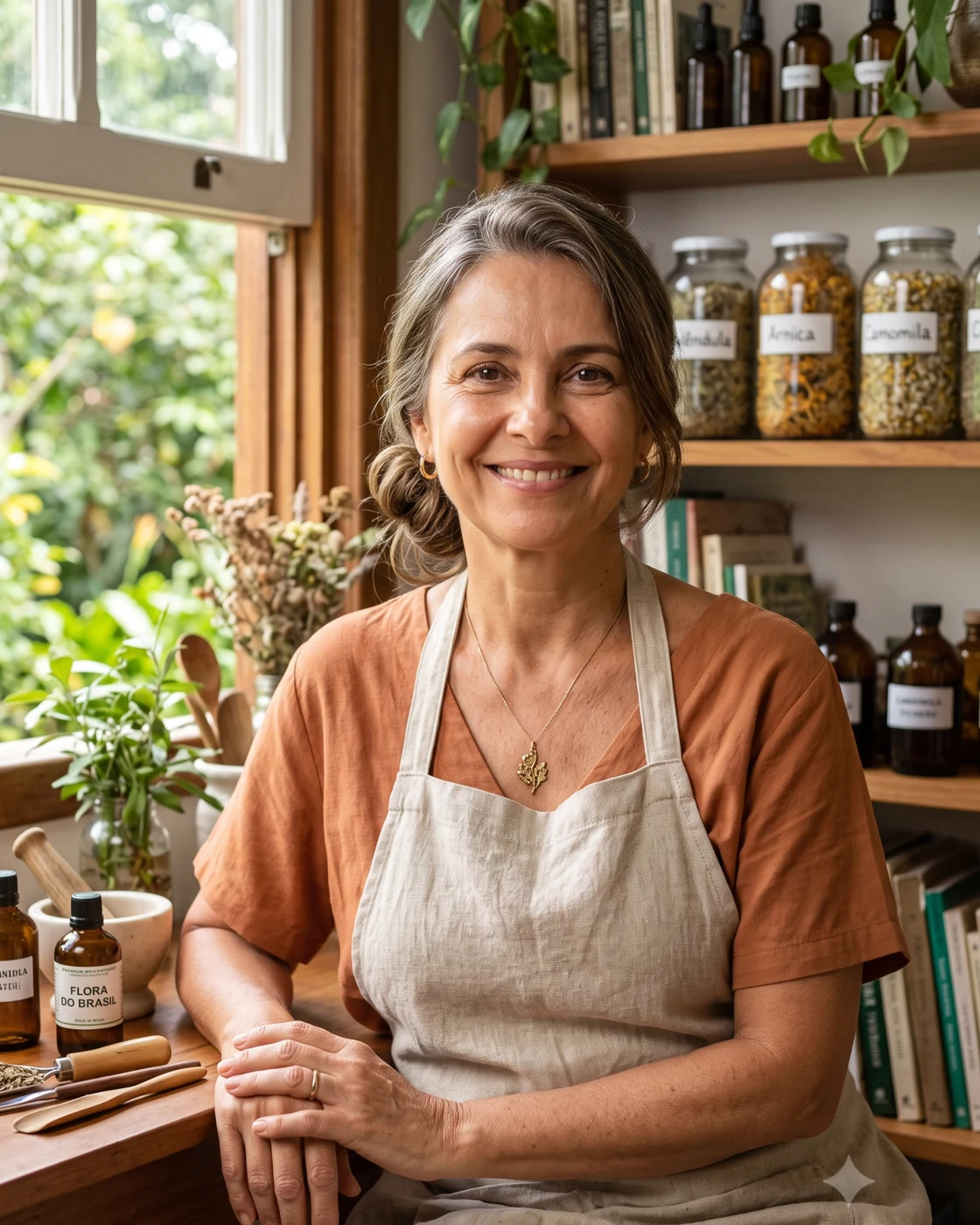 Vovó Luiza em sua cozinha de ervas